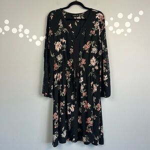 Lola P Black Floral Lace Bell Sleeve Dress V-Neck Waist Tie Boho Size L